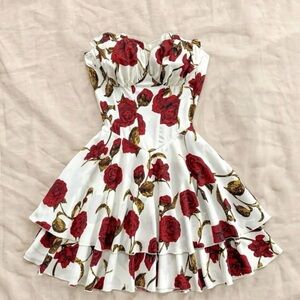 Floral Red and White Strapless Dress